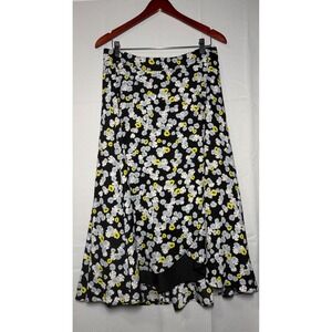 Ann Taylor Floral Midi Skirt 12 Black Blue Yellow High Low Hem